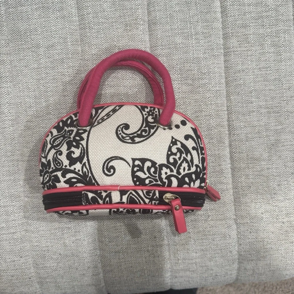 Spartina Makeup Purse Bag 449 Black‎ Tan Pink Linen Small Zip Close Travel